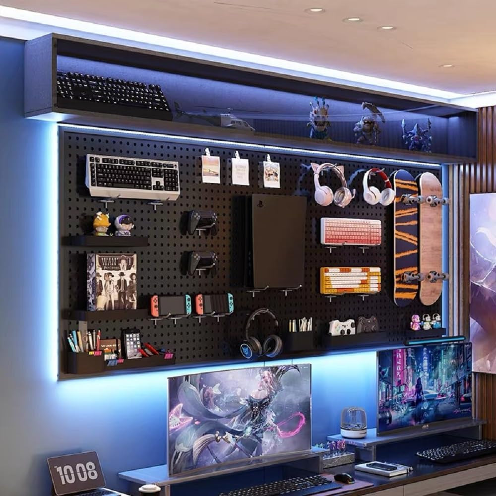 RGB Pegboard Wall Organizer with Smart IC LED Strip Lights, 2-Pack 12 x 24 Inch Heavy Duty Metal Peg Board with Hooks, DIY Gaming Room Setup Wall Mount Storage System